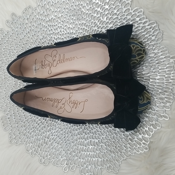 Libby Edelman Deep Blue Gold & Black Paisley Flat with Velvet Bow - Picture 2 of 7